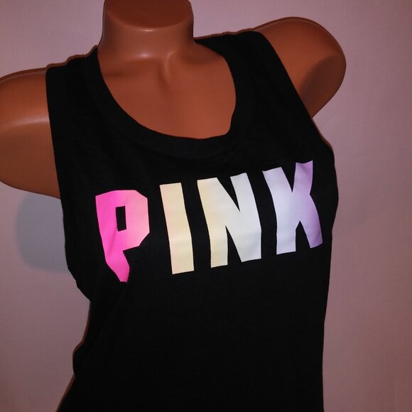 Victoria Secret PINK Tank Top Black Multi Logo Solid Open Cutout Back Sleeveless - Picture 12 of 16